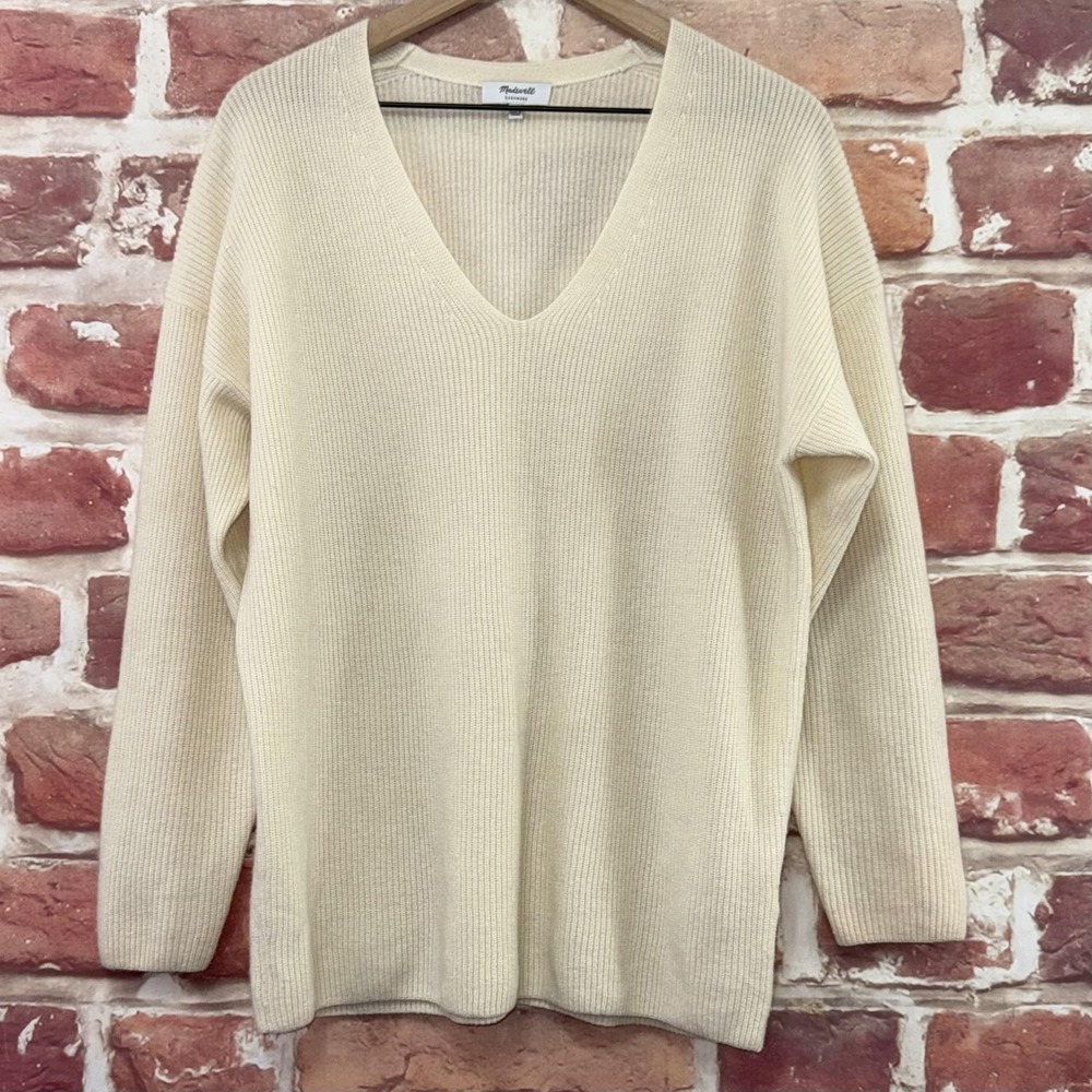 Madewell Sweater Women's S Cream 100% Cashmere V Neck Ribbed Knit Pullover